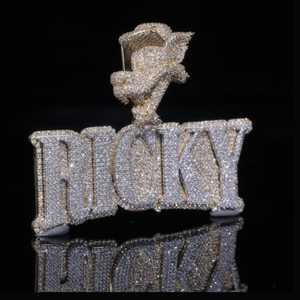 Pendentifs et breloques en argent sterling 925, bijoux fins, style Hip Hop, avec nom personnalisé Ricky et initiale en forme de visage d'animal, entièrement sertis de moissanite VVS - Product Image 4