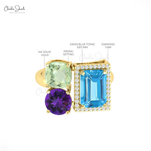 Anillo de Cóctel Art Deco Hecho a Mano en Oro Sólido de 14k con Topacio Azul Suizo de Corte Octogonal de 10x7mm, Amatista Verde y Diamante, Anillo de Tres Piedras - Product Image 3