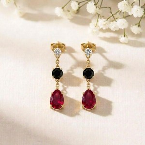 Ruby Pear Cut Black Obsidian Round <b>Earrings</b> CZ Accent Elegant Minimalist Drop Stud <b>Dangle</b> Jewelry Sterling <b>Silver</b> Gold Filled - Product Image 1