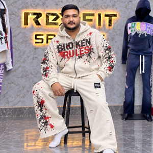 ชุดเซ็ตเสื้อฮู้ดซิปผ้าฟลีซหนานุ่มแบบยูนิเซ็กซ์ กางเกงขายาวทรงหลวม พิมพ์ลายกราฟิกแบบดิสเทรส พร้อมป้ายกำกับแบบกำหนดเอง ชุดวอร์ม ผู้ผลิต OEM - Product Image 2