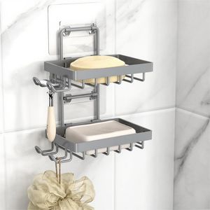 Portasapone Doppio da Parete Grigio in Acciaio Inox 304 Antiruggine, Senza Foratura, 4 Ganci per Doccia - Product Image 1