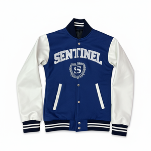 เสื้อแจ็คเก็ตวาร์ซิตี้ Sentinel สำหรับผู้ชาย สีเหลือง สไตล์ Preppy ปักโลโก้ พร้อมแขนหนังหลากสี - Product Image 5