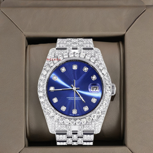 นาฬิกาอะนาล็อกสีน้ำเงิน Sunburst dial Moissanite ชุดนาฬิกาบอกเวลาเย็นแบบละเอียดนาฬิกาฮิปฮอปสุดหรูจากซัพพลายเออร์อินเดีย - Product Image 2