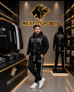 ชุดวอร์มผู้ชายสีดำ REXFIT SPORTS ลายพิมพ์เพชรแบบสกรีน ชุดกีฬาแบบกำหนดเอง เสื้อฮู้ดดี้และกางเกงจ็อกเกอร์ - Product Image 5