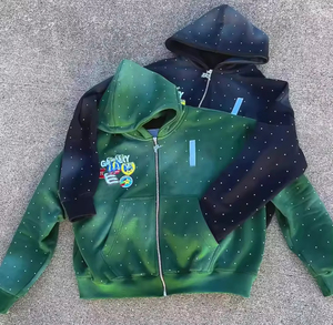 Sweat à capuche court zippé en molleton épais français personnalisé avec strass, effet délavé soleil, délavé à l'acide et broderie de patchs - Product Image 3