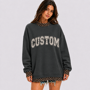 Charcoal Gray <b>Sweatshirt</b> with Cream Dotted Custom Chest Letters High Neck Black <b>White</b> Dot Trim Relaxed Body Long Sleeves - Product Image 1