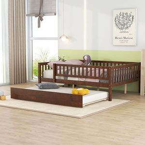 Letto a giorno in legno di noce a grandezza naturale con letto estraibile e sponde di sicurezza per la cameretta dei bambini - Product Image 1
