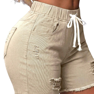 Womens Casual Beige Denim Shorts <b>Elastic</b> Mid <b>Waist</b> Skinny Fit Drawstring Ripped Distressed Raw Hem Streetwear Fashion <b>Jeans</b> - Product Image 6