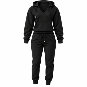 Ensemble survêtement 2 pièces pour femme : sweat à capuche col en V personnalisé et pantalon de jogging – Tenue de sport et de gym - Product Image 2