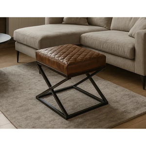Genuine Leather <b>Footstool</b> in Antique Brown with Black Geometric Metal Frame - Product Image 1