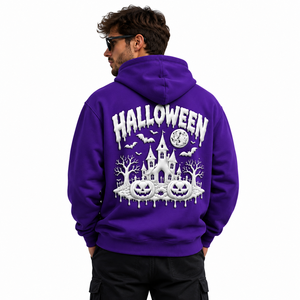 Sweat-shirt à capuche graphique personnalisé pour homme, violet, avec impression 3D de maison hantée, citrouille, chauve-souris et lune - Product Image 4