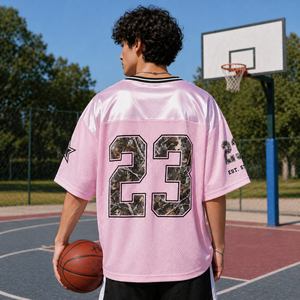 T-shirt ample décontracté pour femme, rose, en jersey de maille, imprimé camouflage, numéro 23, col en V, manches courtes, style streetwear tendance - Product Image 4
