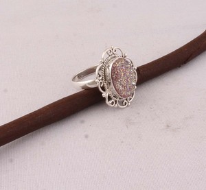 Natural Sparkly Druzy <b>Ring</b> 925 Sterling Silver Vintage Style Raw Crystal Agate <b>Ring</b> for Women Handcrafted <b>Boho</b> Statement Jewelry - Product Image 3