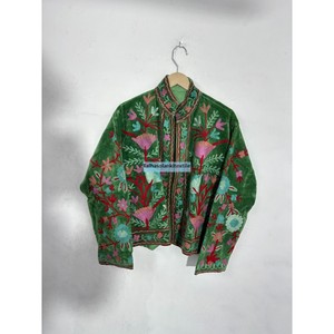 <b>Green</b> <b>Velvet</b> Embroidered Jacket Women Mandarin Collar Full Sleeve Floral Print Autumn Coat Polyester Lining Hand Embroidery - Product Image 4