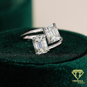 Elegant Moissanite Diamond <b>Emerald</b> Cut Two Stone <b>Ring</b> <b>Silver</b> Tone Bypass Setting Modern Engagement Jewelry For Women - Product Image 5