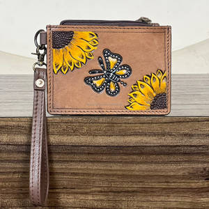 Cartera de mano pequeña de cuero genuino con diseño de girasol y mariposa, elegante, con cremallera, tarjetero, estilo occidental. - Product Image 2