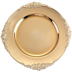 Plateau de service rond en métal doré de style marocain avec bord baroque en relief, style antique, pour mariages, décoration de table, assiette de dîner - Product Image 1