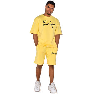 Men's Yellow <b>T</b>-<b>Shirt</b> And Shorts Set Two Piece Oversized Crewneck Tee With Matching Shorts Casual Activewear Lounge Wear - Product Image 4