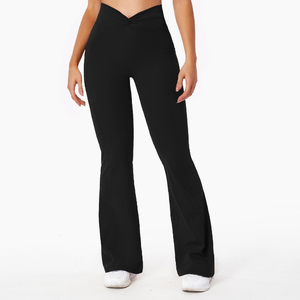 <b>High</b> <b>Waist</b> <b>Flared</b> Leg Yoga <b>Leggings</b> Full Length Solid Brown Spandex Nylon Seamless Four-Way Stretch Elastic <b>Waist</b> - Product Image 2