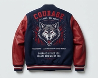Blouson en cuir personnalisé pour équipe, broderie bleue et rouge, lettres estampées à chaud, col montant style baseball, vente directe usine OEM