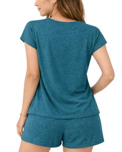 Teal Women Lounge Set Short Sleeve T Shirt And Shorts Casual Summer Pajama Set Soft Breathable Cotton Blend Two Piece Outfit - Product Image 2