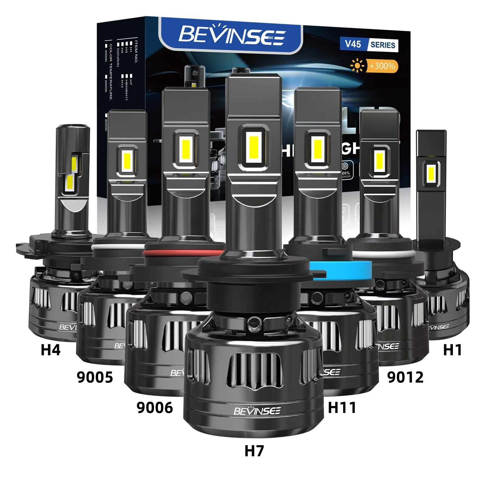 Bevinsee 2x V45 Super Bright White 120W High Low Beam Kit 22000LM 6500K Auto H4 LED Ampoule 9005 9006 9012 H11 H7 H1 LED Phares