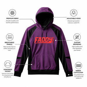 Sweat à capuche de sport personnalisé pour homme, violet et noir, avec empiècements en maille, pull-over athlétique pour la gym, vêtement d'entraînement, vente en gros, streetwear, haut - Product Image 5