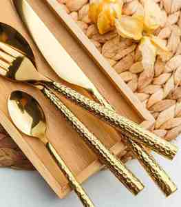 Golden Hammered Finish <b>Flatware</b> <b>Set</b> of 4 Elegant Wedding Restaurant Cutlery <b>Set</b> - Product Image 2