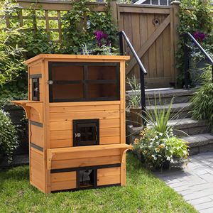 Abri pour chat d'extérieur à 3 niveaux résistant aux intempéries en jaune et noir avec 5 portes de sortie - Product Image 1