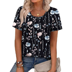 Camiseta Floral Personalizada OEM para Mujer, Cuello Redondo, Manga Corta Plisada, Blusa Casual Transpirable de Verano para Dama, Venta al por Mayor - Product Image 4