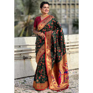 Vestidos de Noche Elite Weaves, Sari Tejido en Seda Paithani Jaal Verde Botella con Zari - Product Image 1