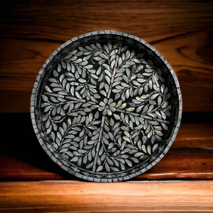 Plateau de service rond noir à motifs floraux, incrusté de nacre, fait main, en résine MOP, décoratif, pour table basse, hôtel, décoration intérieure - Product Image 1