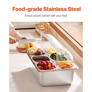 6-Pan Stainless Steel Countertop Food Serving <b>Tray</b> <b>Buffet</b> Condiment Dispenser Display Rack Clear <b>Lid</b> 3 Freezer Restaurant Hotel - Product Image 2