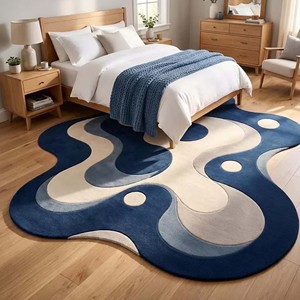 Tapis abstrait bleu et blanc, forme irrégulière, en laine douce, tufté à la main, tapis moderne pour salon, chambre, décoration intérieure unique. - Product Image 1