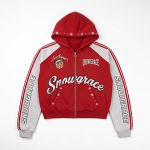 เสื้อสเวตเชิ้ตโอเวอร์ไซส์แบบมีฮู้ดสีแดง Snowgrace ผ้าฟลีซ ซิปหน้า พิมพ์ลายกลิตเตอร์ ประดับเพชร กระเป๋าหน้า สไตล์สปอร์ต ใส่ได้ทั้งชายและหญิง เหมาะสำหรับฤดูหนาว - Product Image 1