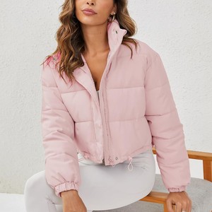 Women's Cropped Puffer Jacket Solid Color Stand Collar Zipper Closure Full <b>Sleeve</b> Winter Warm Outerwear Wholesale Puffer Jacket - Product Image 3