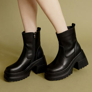 Bottines à plateforme en cuir véritable pour femme Ann'S, talon épais de 9 cm, fermeture éclair, doublure de talon rembourrée, mode hiver, vente en gros - Product Image 1