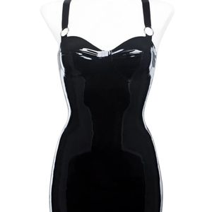 Robe mini sexy en cuir PU noir, sans bretelles, col cœur, moulante, pour soirée, toutes saisons, couleur unie - Product Image 1