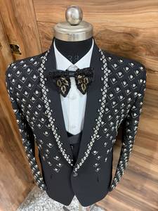 Men's Black Embroidered <b>Wedding</b> Tuxedo Suit 3 Piece <b>Shawl</b> Lapel Groom Suit with Embroidered Bow Tie Custom OEM ODM Manufacturer - Product Image 2