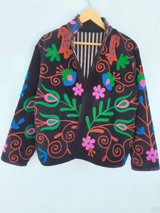 Handcrafted 100% Velvet Cotton Suzani <b>Bomber</b> <b>Jacket</b> Reversible <b>Vintage</b> Boho Short Colorful Embroidered Floral Pattern Winter - Product Image 1