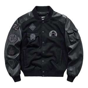 Chaqueta Bomber Táctica Techwear para Hombre, Estilo Urbano Cyberpunk con Parches y Mangas de Cuero, Chaqueta Varsity Hip Hop Cortavientos - Product Image 2