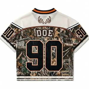 T-shirt en maille personnalisé, coupe oversize et courte, style maillot de football avec impression par transfert thermique, camouflage rétro, style streetwear, anti-bactérien, col en V - Product Image 2