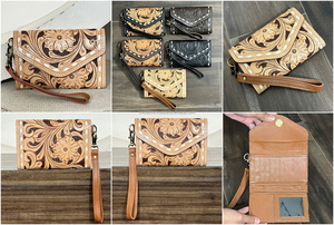 Low Price Fashionable Western Style Genuine Cowhide Leather Cowgirl Wallet Floral Pattern <b>Wristlet</b> Clutch for Travel Organizer - Product Image 3
