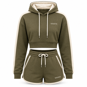 Women's 2 Piece Breathable Solid Hooded Sports Set Full Sleeve Crop <b>Top</b> Shorts Pockets Regular Fit Spring Summer Eco-Friendly - Product Image 1