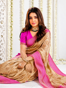Sari en soie rose beige AARA Fashion avec bordure brodée, protection solaire, tenue de mariage indienne traditionnelle pour femmes, toutes saisons - Product Image 3