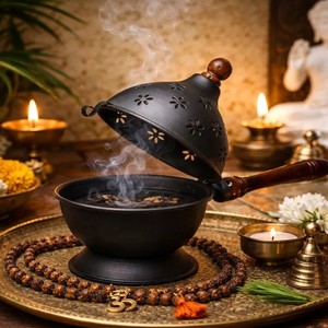 Brûleur d'encens robuste en fer massif noir pour Diwali et les festivals, utilisation domestique ou au temple, avec poignée en bois - Product Image 3