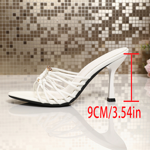 Elegant <b>White</b> Strappy Stiletto Slides for Party & Wedding Gold Ring Detail High <b>Heel</b> Mules - Product Image 6