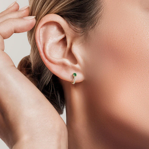 Yellow Gold <b>Emerald</b> Diamond Huggie Earrings Round Brilliant Cut Women's Classic Everyday Wear Jewelry - Product Image 5