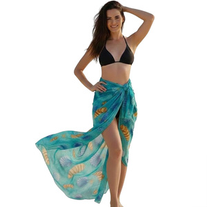 Floral Printed Customized Color Polynesian Style Beach Pareo for Women Versatile Sarong Wrap <b>Skirt</b> Cover-Up Adjustable Tie Waist - Product Image 2