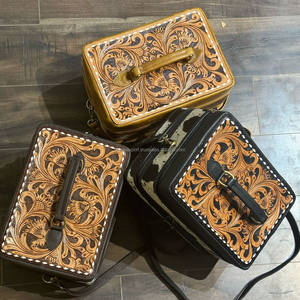 Trendy Luxury Designer Customizable Hand Tooled Leather Double Decker Jewelry Case Cowhide Crossbody Strap Travel Jewelry Box - Product Image 5
